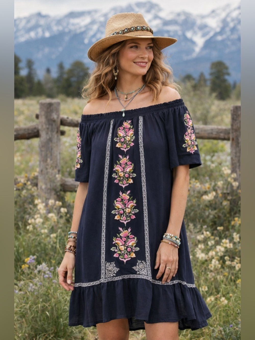Sundance Womens Floral Path Dress Sz Small Navy Blue Linen Boho Embroidered